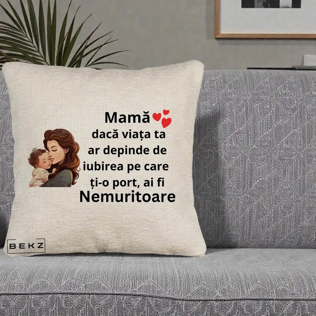 Cadou pentru Mama - Perna Personalizata Mama Nemuritoare cu Bebelus Lineart, 40x40 cm, Bej Canapea, Husa Detasabila, Perna Inclusa, BEKZ®