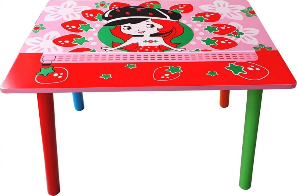 Masuta copii din MDF cu doua scaune Novokids™ My first table, dimensiuni 59X39X40, Suprafata lucioasa, Model Capsunica, Rosu cu Roz