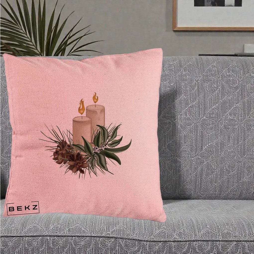 Perna Decorativa Lumanari cu Ilex si Conuri Ilustratie, 40x40 cm, Roz, Husa Detasabila, Perna Inclusa, BEKZ®