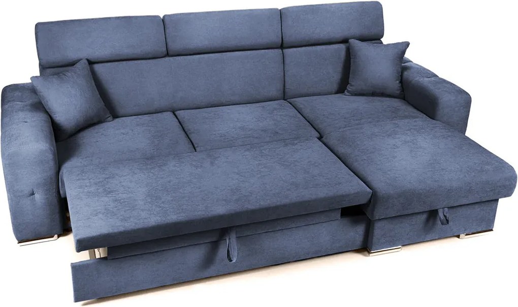 Colțar Extensibil BELLAGIO, șezlong interschimbabil, cu ladă de depozitare, cu tetiere reglabile, 280x170x100 cm, Albastru-Inchis-Enjoy / Dreapta