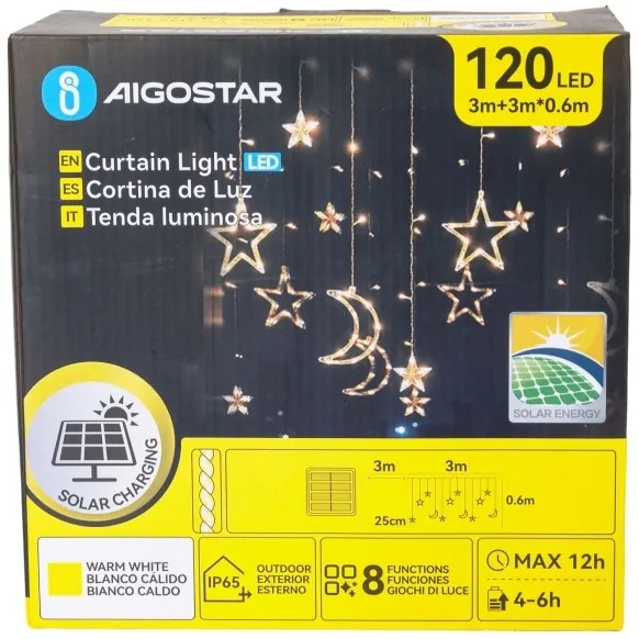 Aigostar - Ghirlandă LED solară de Crăciun, 120 LED, 8 funcții, 3x0,6 m, 500 mAh, IP65, alb cald