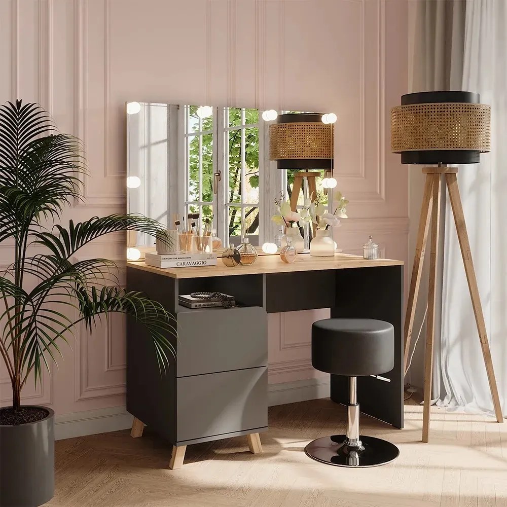 Masuta machiaj cu Oglinda LED si 2 Sertare pentru Cosmetice, Set Masa toaleta 110 cm, Gri, masuta cosmetica, vanity - SEG18