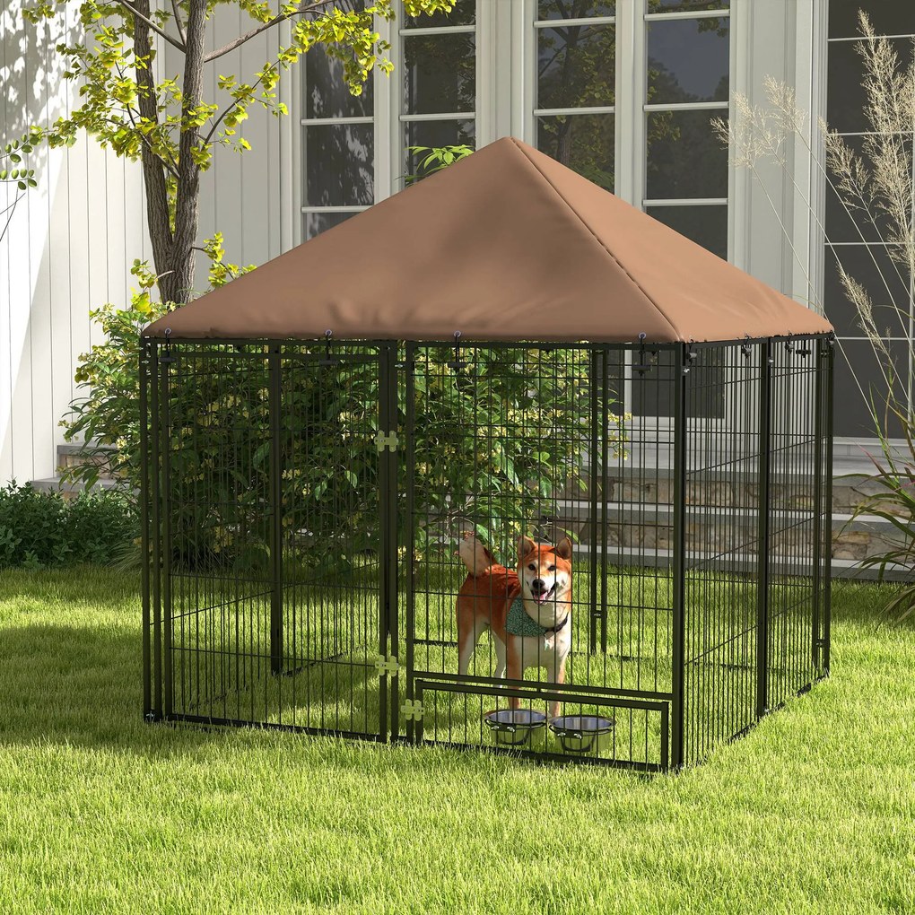 PawHut Gard pentru Câini din Metal cu Ușă pentru Boluri, Gard pentru Câini de Exterior cu Acoperiș, 141x141x151 cm, Negru și Maro