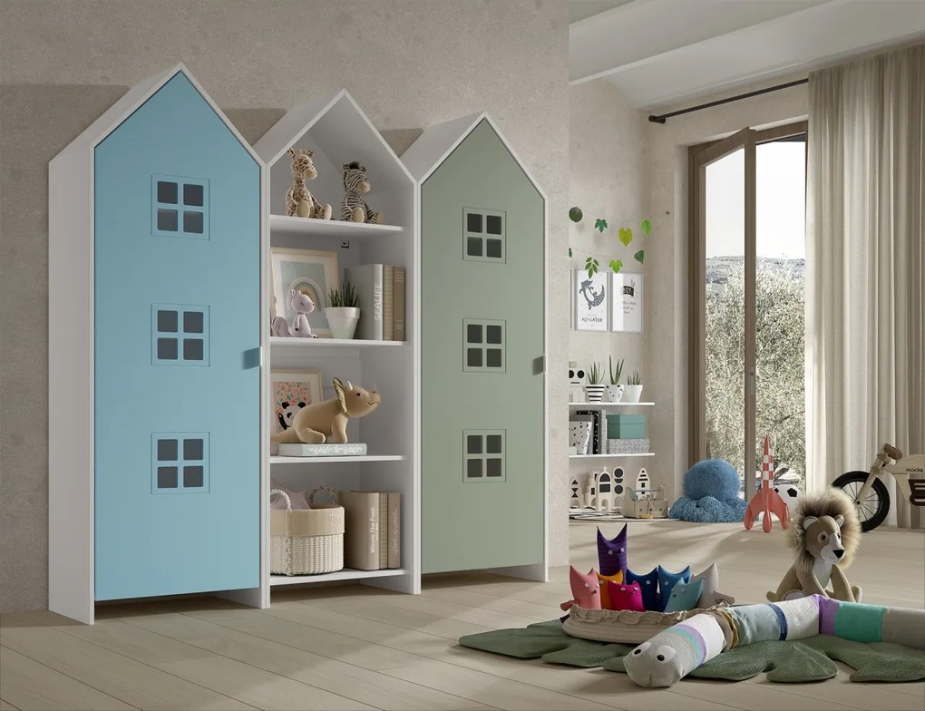 Set 3 dulapuri pentru copii Casami tip colibă de plajă – 1 deschis, 1 cu ușă Verde Intens și 1 cu ușă Albastru Ballet – Vipack