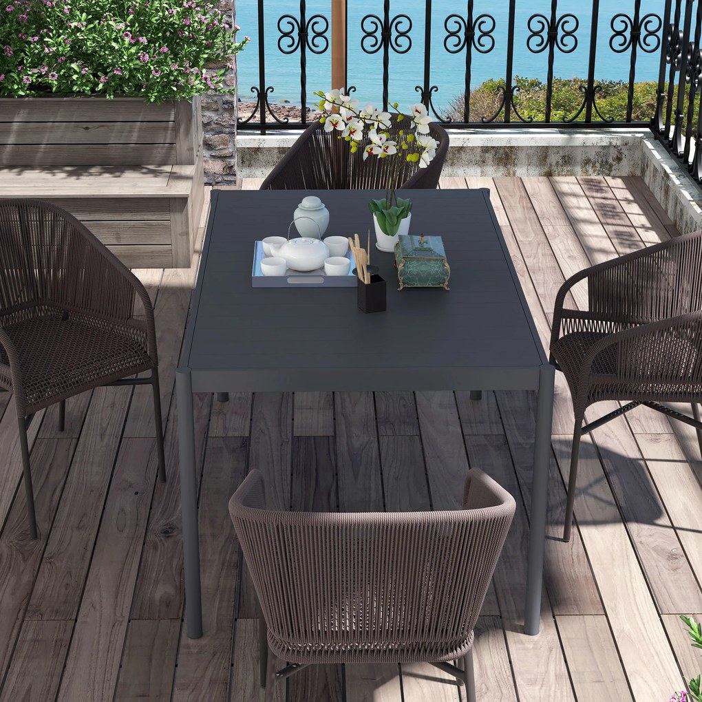 Outsunny Masă de Grădină cu Lamele, Dimensiuni 145x90 cm, Masă de Dining pentru 6 Persoane, Rectangulară, din Aluminiu și Oțel, pentru Curte, Terasă, Balcon și Exterior, Gri Închis | Aosom Romania