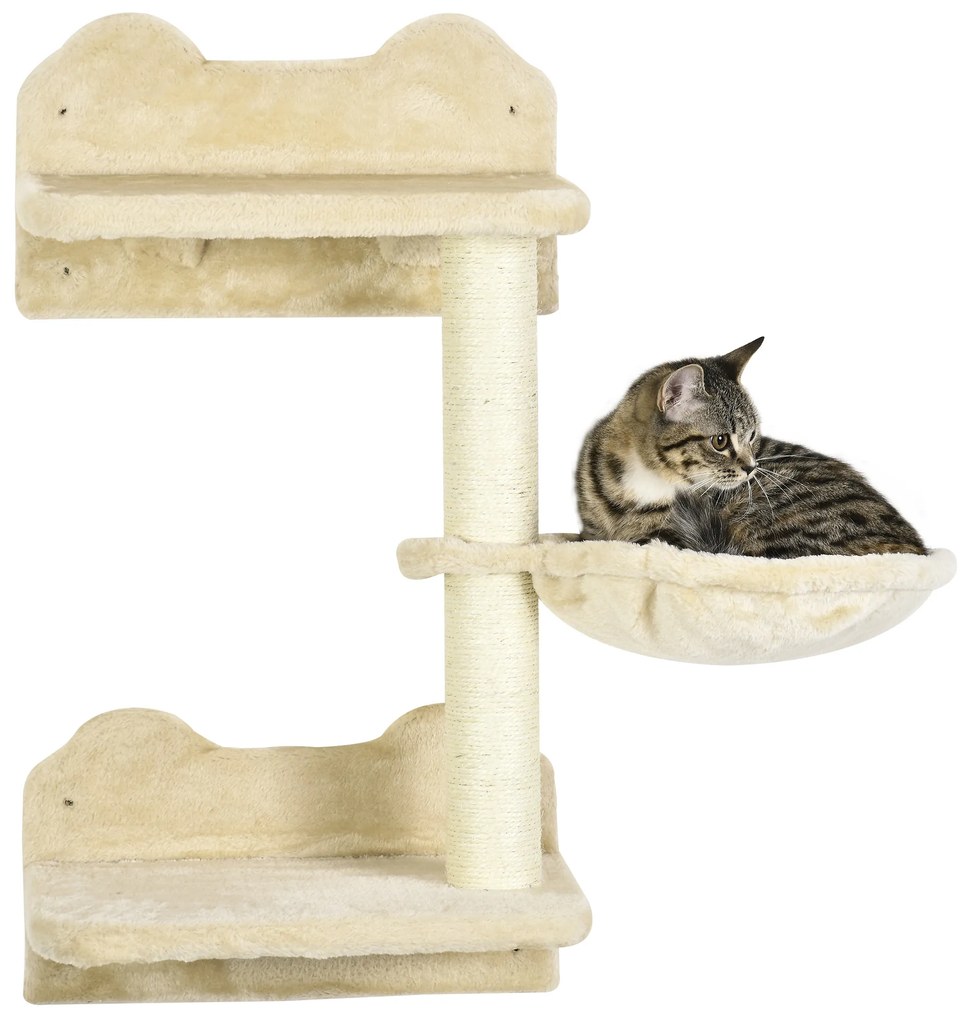 PawHut Trepte de cățărat, Perete de cățărat, Treaptă pentru pisici, set format din 4 piese, cu copaci de zgâriere, hamac, bej+crème, 40 x 28 x 73cm | Aosom Romania