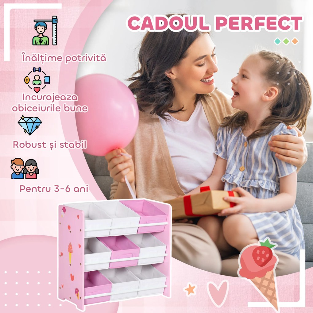 ZONEKIZ Dulăpior de Jucării cu 9 Coșuri Detașabile din MDF și Material Textil Roz | Aosom Romania