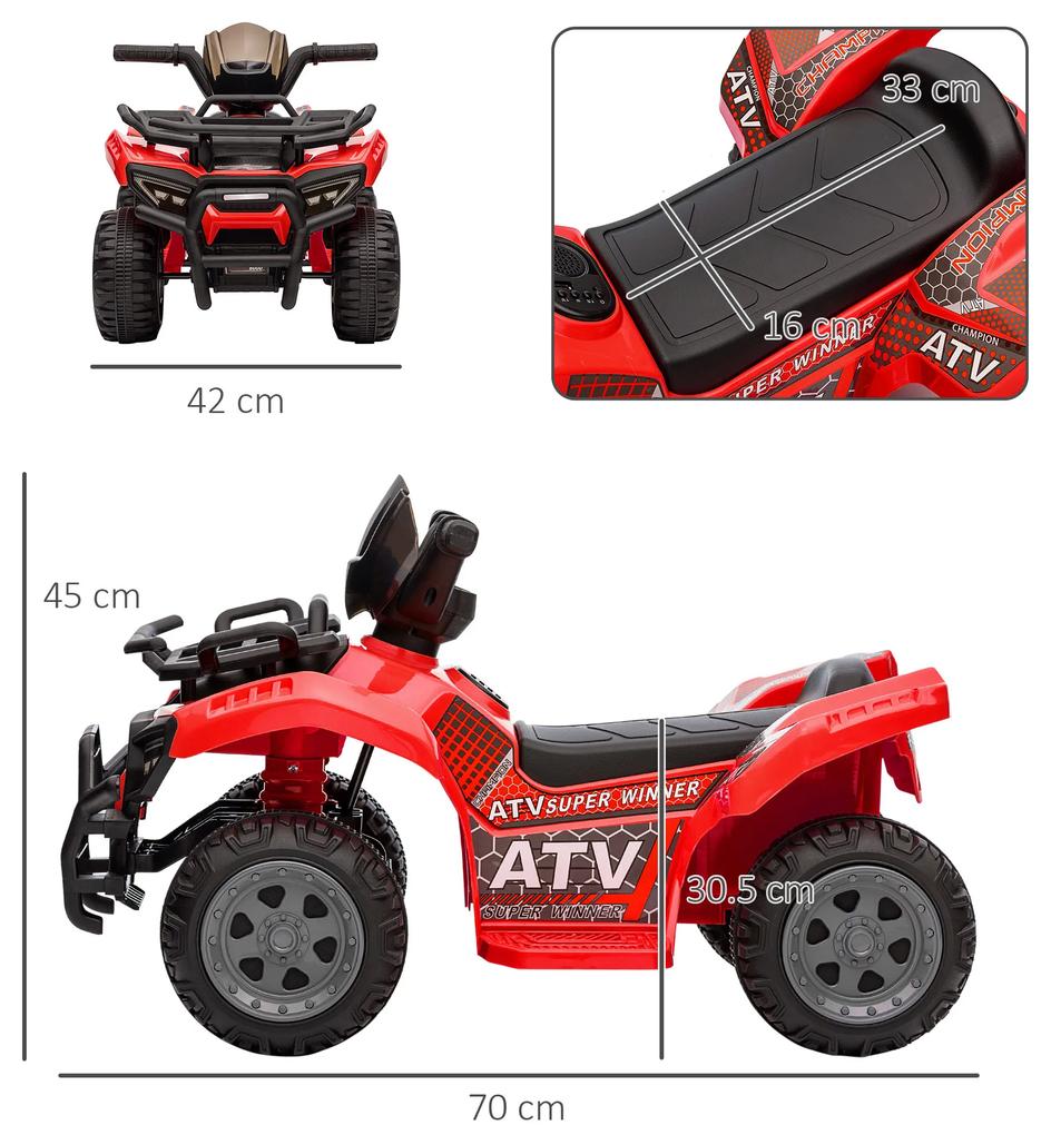 HOMCOM ATV Electric pentru Copii, Vehicul cu Baterie, Siguranță Maximă, Roșu, 66x44x42cm, Ideal 18-36 Luni | Aosom Romania