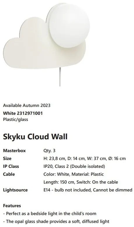 Aplica de perete camera copii Skyku Cloud