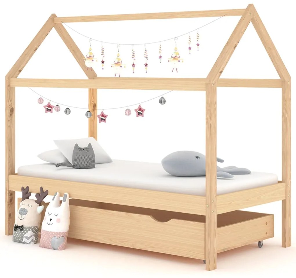 Cadru pat pentru copii, cu un sertar, 80x160 cm, lemn masiv pin