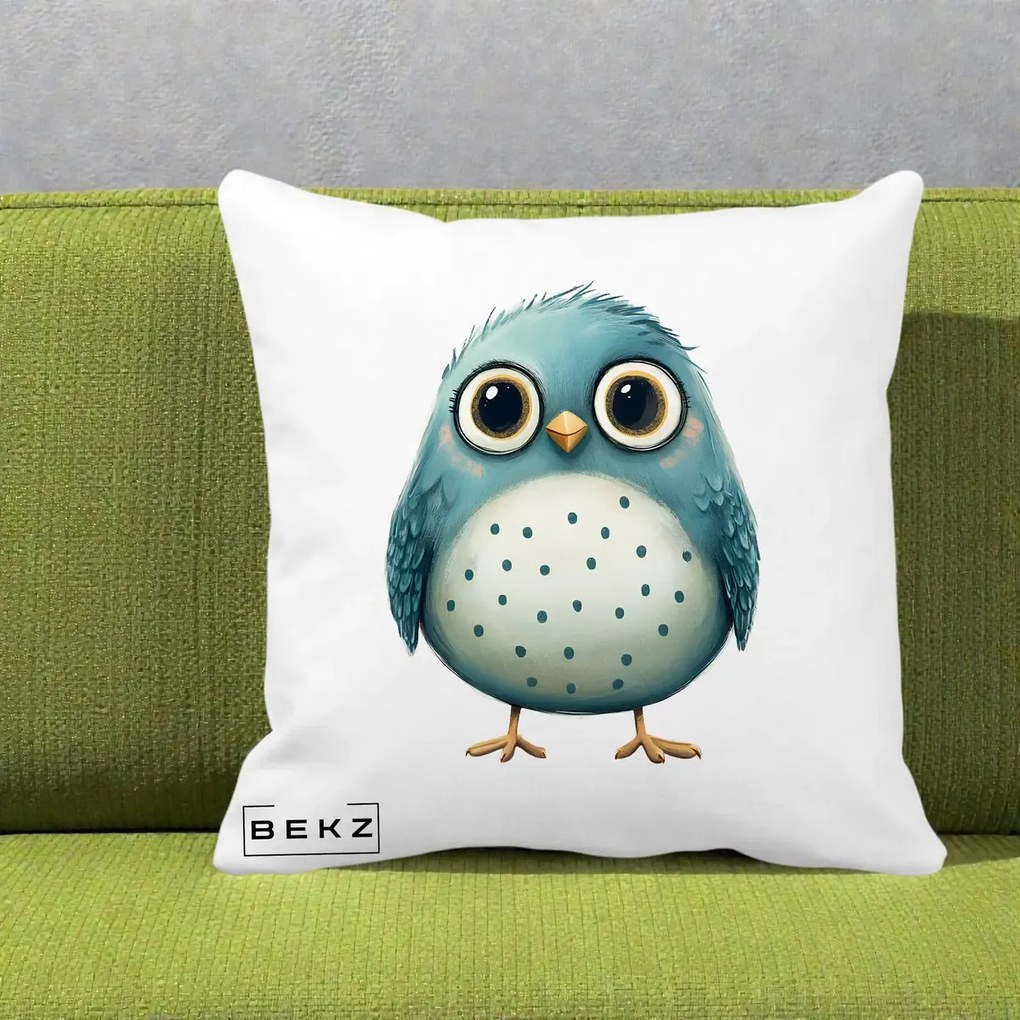 Perna Decorativa Pasare Teal cu Buline Teal, 40x40 cm, Alba Mata, Husa Detasabila, Perna Inclusa, BEKZ®