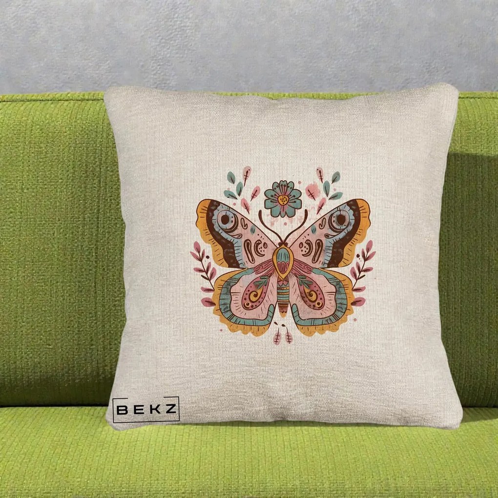 Perna Decorativa Fluture Boho Floral, 40x40 cm, Bej Canapea, Husa Detasabila, Perna Inclusa, BEKZ®
