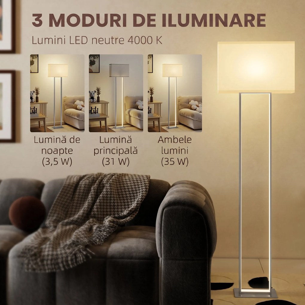 HOMCOM Lampadar de Podea cu Luminozitate Reglabilă și Întrerupător cu Pedală, Alb | Aosom Romania