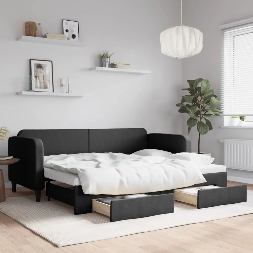 vidaXL Pat de zi cu extensie și sertare, negru, 80x200 cm, textil