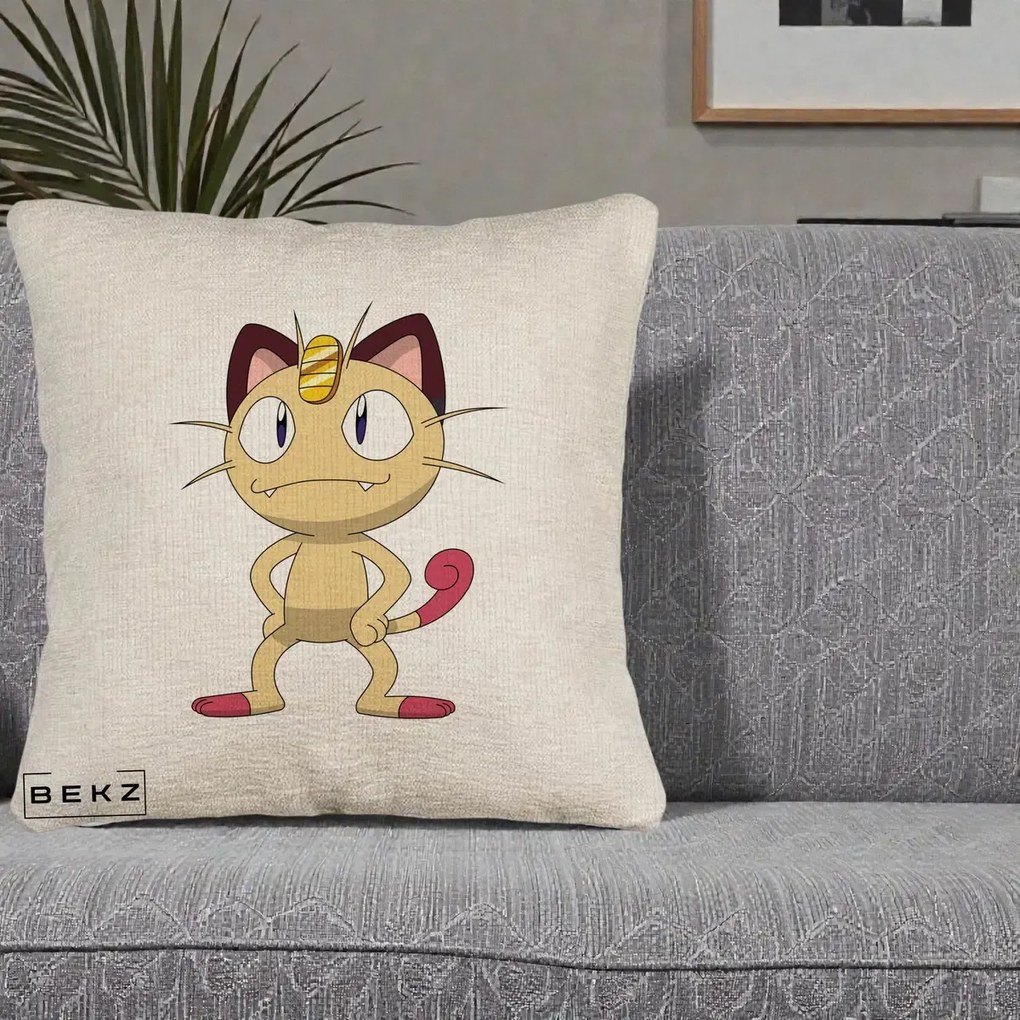Perna Personalizata Meowth Pokemon, 40x40 cm, Bej Canapea, Husa Detasabila, Perna Inclusa, BEKZ®