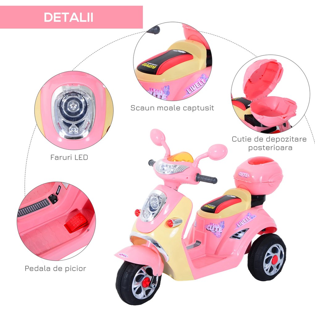 Motoreta Tricicleta Electrica HOMCOM pentru Fetite 6V, Lumini si Muzica, Roz | Aosom Romania