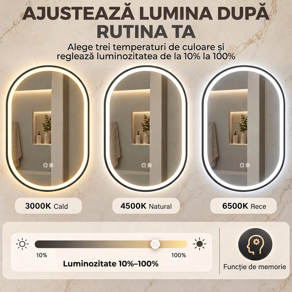 HOMCOM Oglindă de Baie Ovală cu LED 70x100 cm, Bluetooth, Memorie, Butoane Tactile, Antiaburire | Aosom Romania