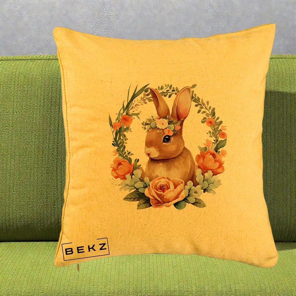 Perna Decorativa Iepuras Floral Coronita Acuarela, 40x40 cm, Galben, Husa Detasabila, Perna Inclusa, BEKZ®