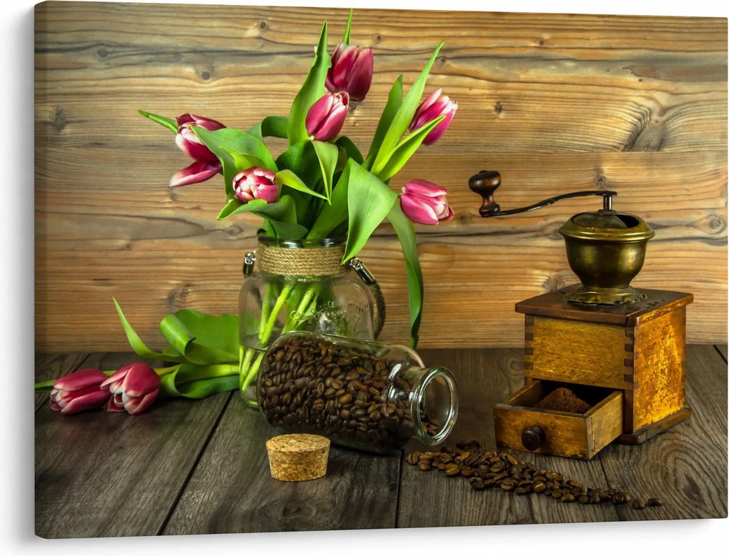 Tablou - lalele, râșniță și cafea (70x50 cm)