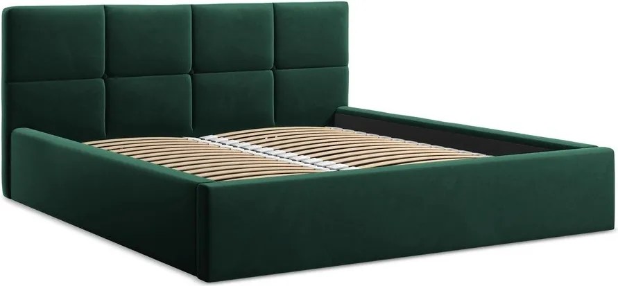 Pat matrimonial verde închis tapițat din catifea cu spațiu de depozitare cu somieră 140x200 cm Hiko – Makamii
