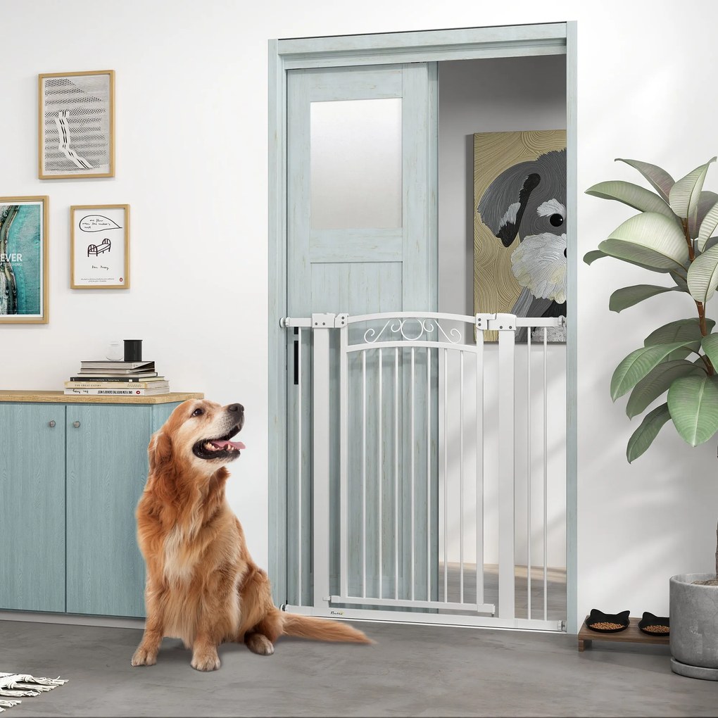 PawHut Poartă de siguranță pentru câini de interior, cu 2 extensii, 76-104 cm, pentru hol și scări, albă | Aosom Romania