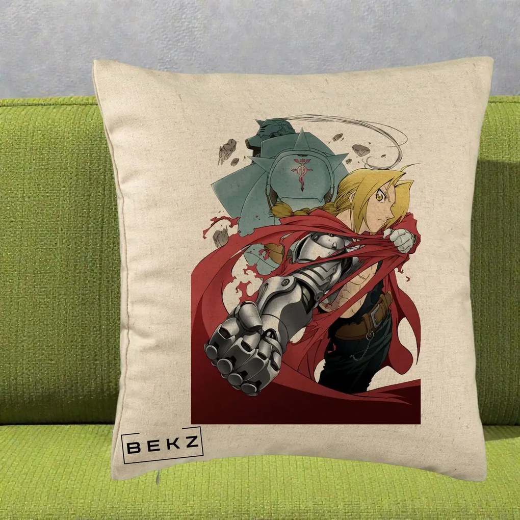 Perna Personalizata Fullmetal Alchemist Brotherhood Edward si Al Poster, 40x40 cm, Bej, Husa Detasabila, Perna Inclusa, BEKZ®
