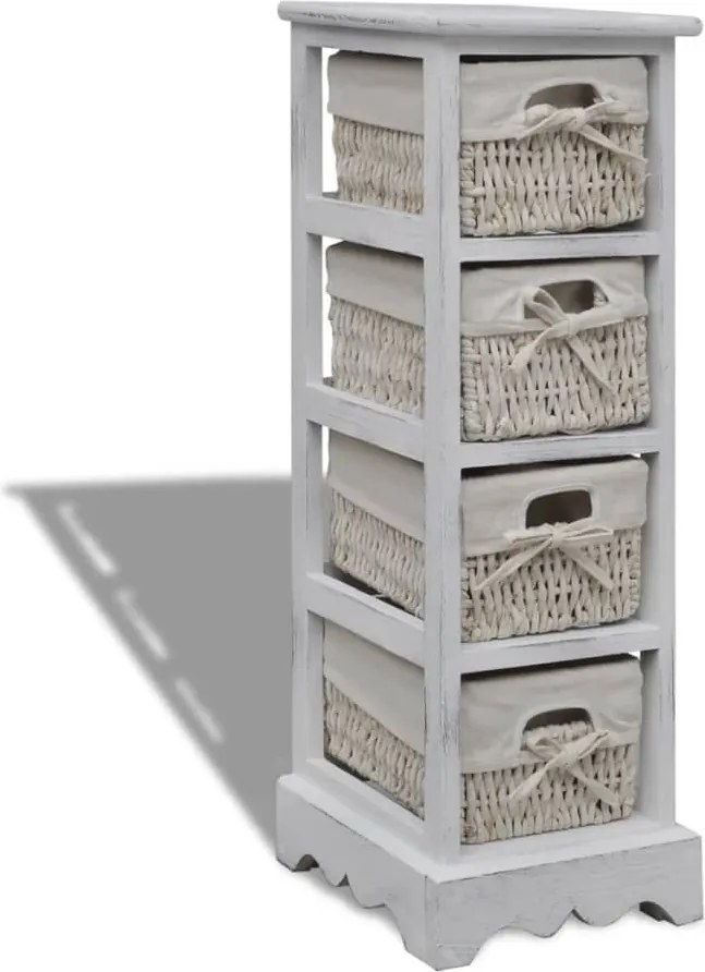 vidaXL Dulap de depozitare din lemn, 4 coșuri împletite, alb