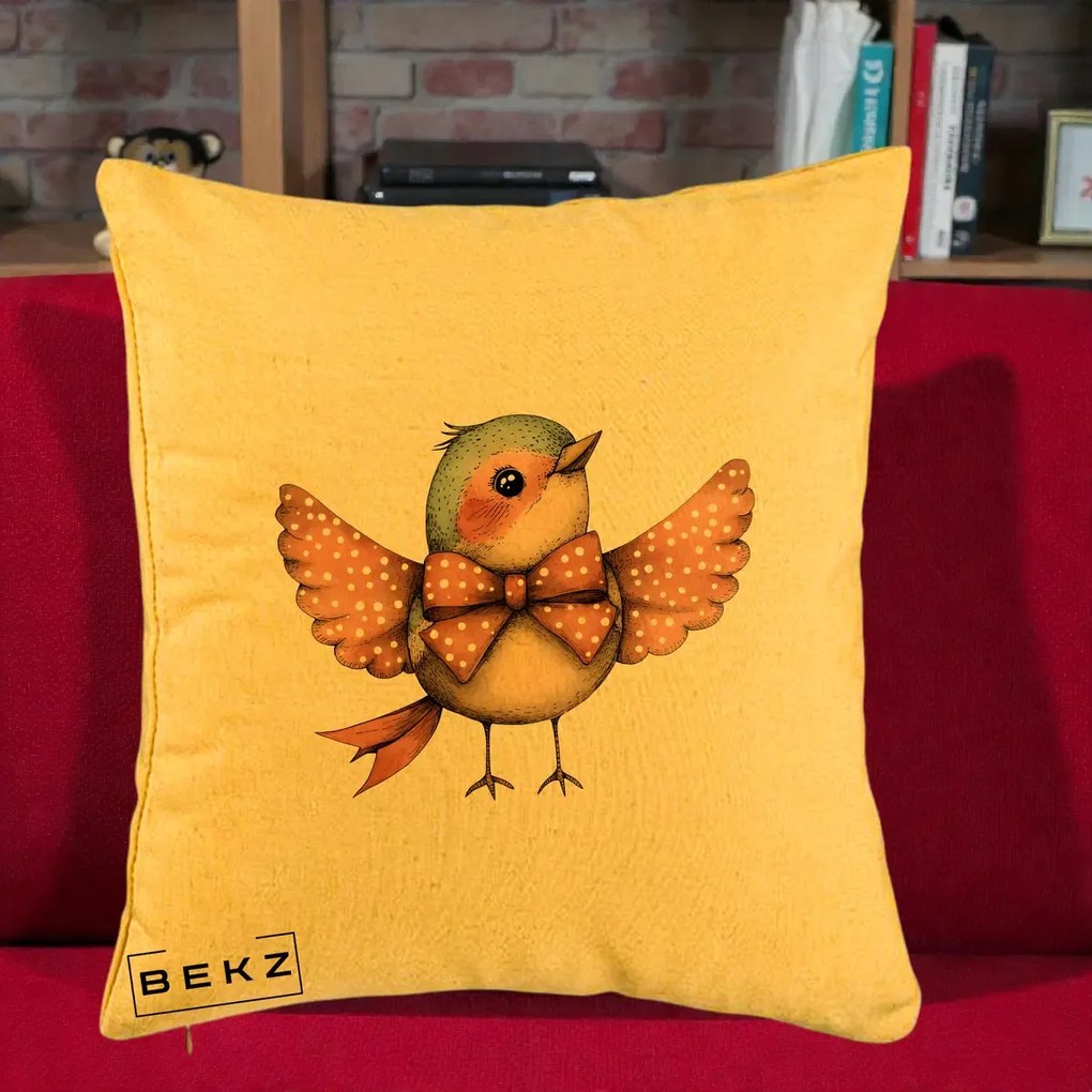 Perna Decorativa Pasare Roz cu Aripi si Fundita, 40x40 cm, Galben, Husa Detasabila, Perna Inclusa, BEKZ®