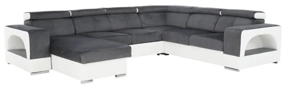 colţar în formă de U, piele ecologică albă/material textil gri, model stânga, KAMELIA
