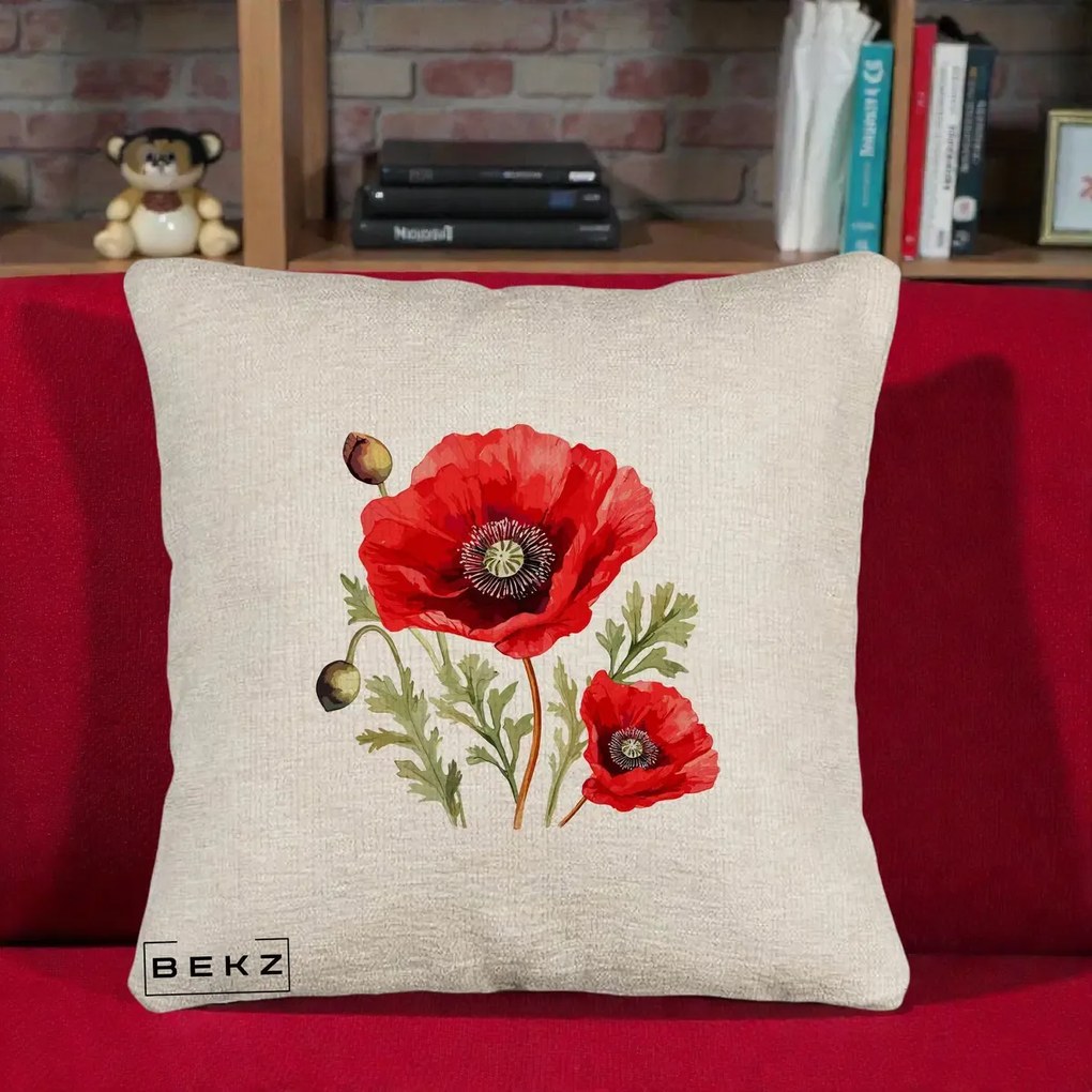 Perna Decorativa Maci Rosii Acuarela, 40x40 cm, Bej Canapea, Husa Detasabila, Perna Inclusa, BEKZ®