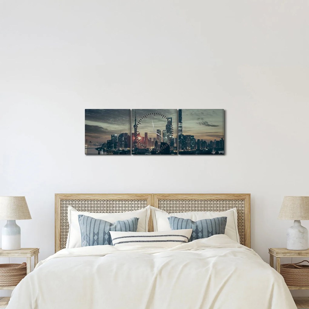 Tablou cu orașul în amurg (cu ceas) (90x30 cm)