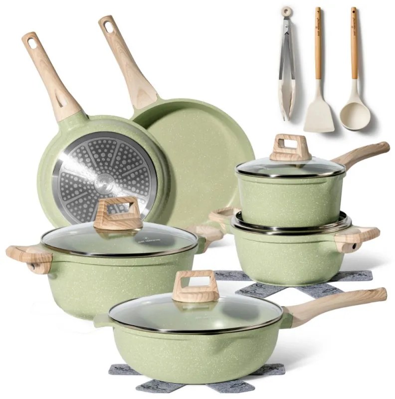 Set oale si tigai Just Perfecto JL-787, 15 piese, Finisaj marmura, Inductie, Accesorii, Verde