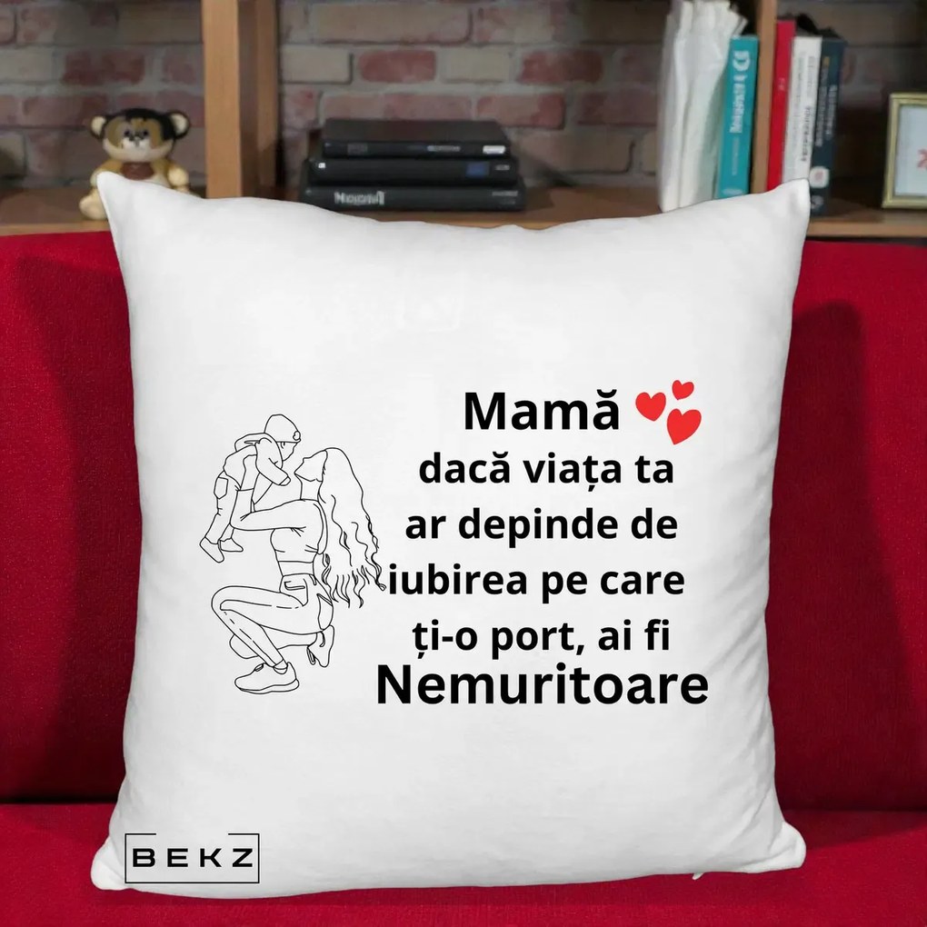 Cadou pentru Mama - Perna Personalizata Mama Nemuritoare Portret Graphic, 40x40 cm, Alb Pufos, Husa Detasabila, Perna Inclusa, BEKZ®