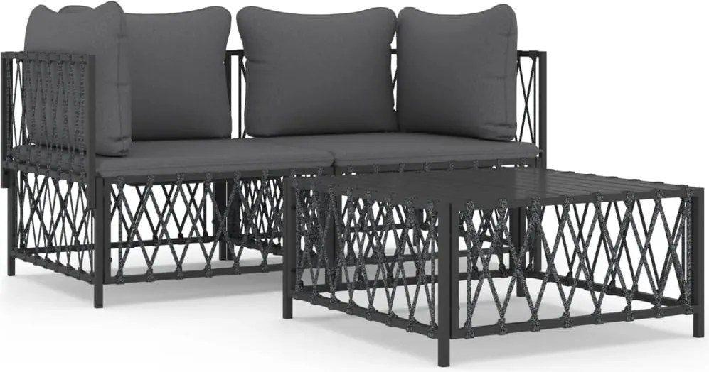 vidaXL Set mobilier de grădină, cu perne, antracit, 3 piese, oțel