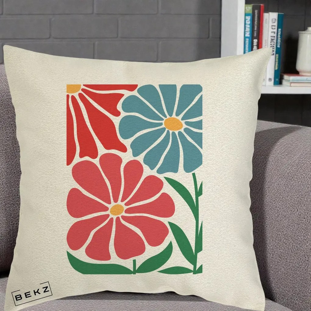 Perna Decorativa Flori Grafice Rosu-Albastru, 40x40 cm, Ecru, Husa Detasabila, Perna Inclusa, BEKZ®
