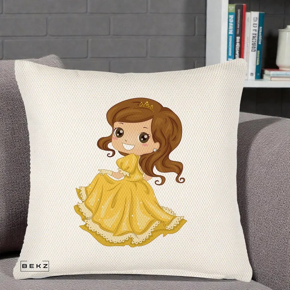 Perna Decorativa Printesa Bella Rochie Aurie, 40x40 cm, Crem Reliefat, Husa Detasabila, Perna Inclusa, BEKZ®