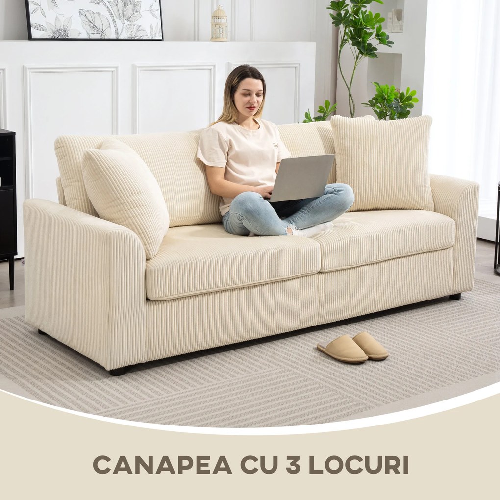 HOMCOM Canapea 3 Locuri din Catifea Reiată cu 2 Perne, 212x80x88 cm, Crem | Aosom Romania