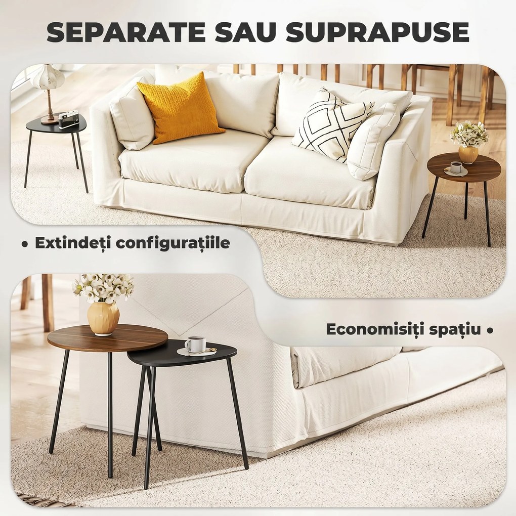 HOMCOM Set 2 Măsuțe de Cafe Suprapunibile cu Cadru din Metal Nuc și Negru | Aosom Romania