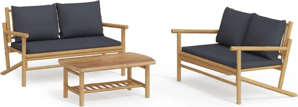 vidaXL Set mobilier de grădină, perne gri închis, 3 piese, bambus