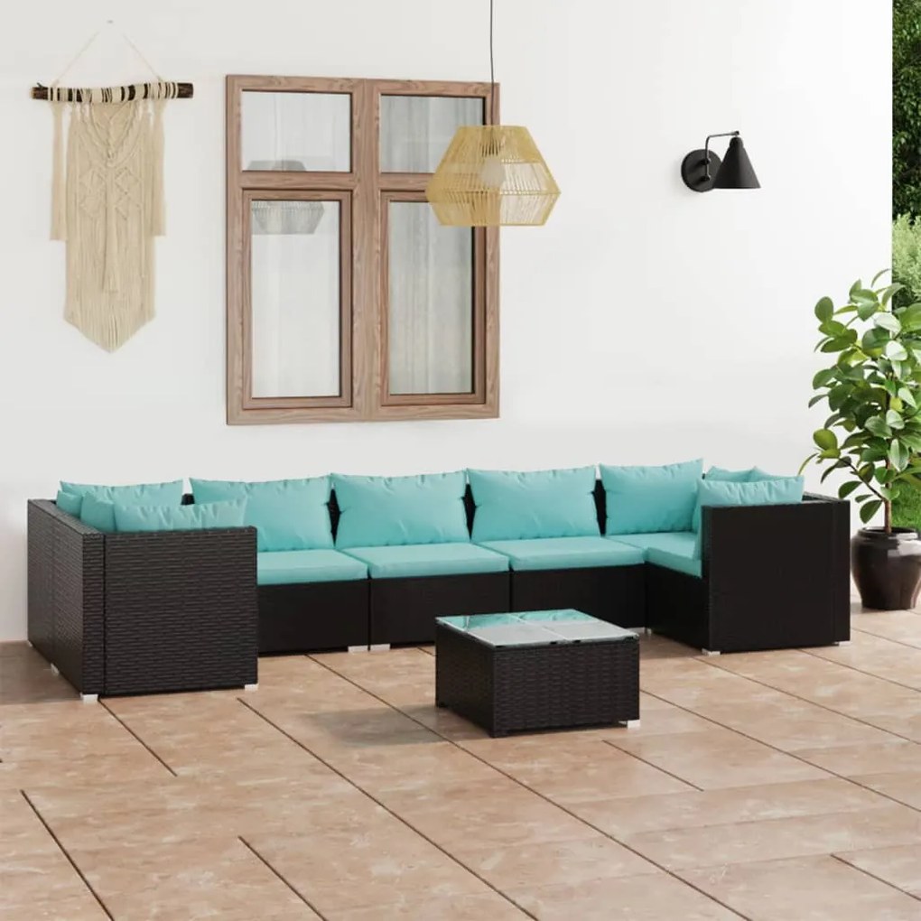 Set mobilier de gradina cu perne, 8 piese, negru, poliratan