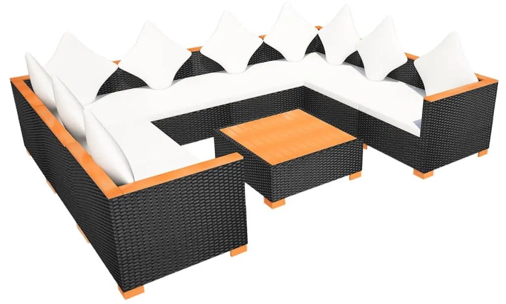 Set mobilier de gradina cu perne, 9 piese, negru, poliratan 4x colt + 4x mijloc + masa, 1