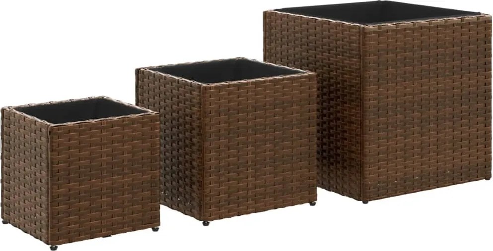 vidaXL Jardiniere de grădină, 3 buc., maro, poliratan