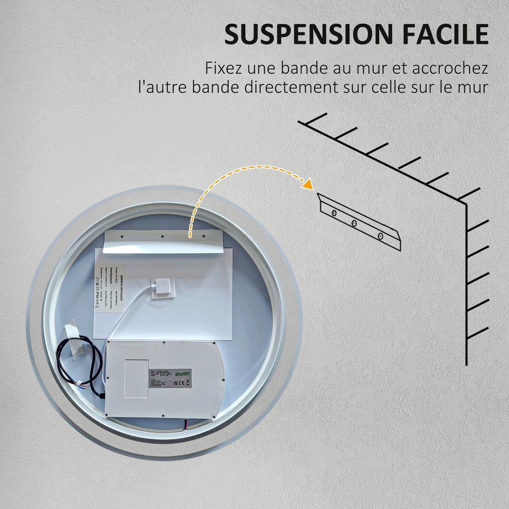 kleankin Oglindă rotundă luminoasă LED de baie Ø 70 cm murală cu iluminare 3 culori comutator tactil 23W alb argintiu | Aosom Romania