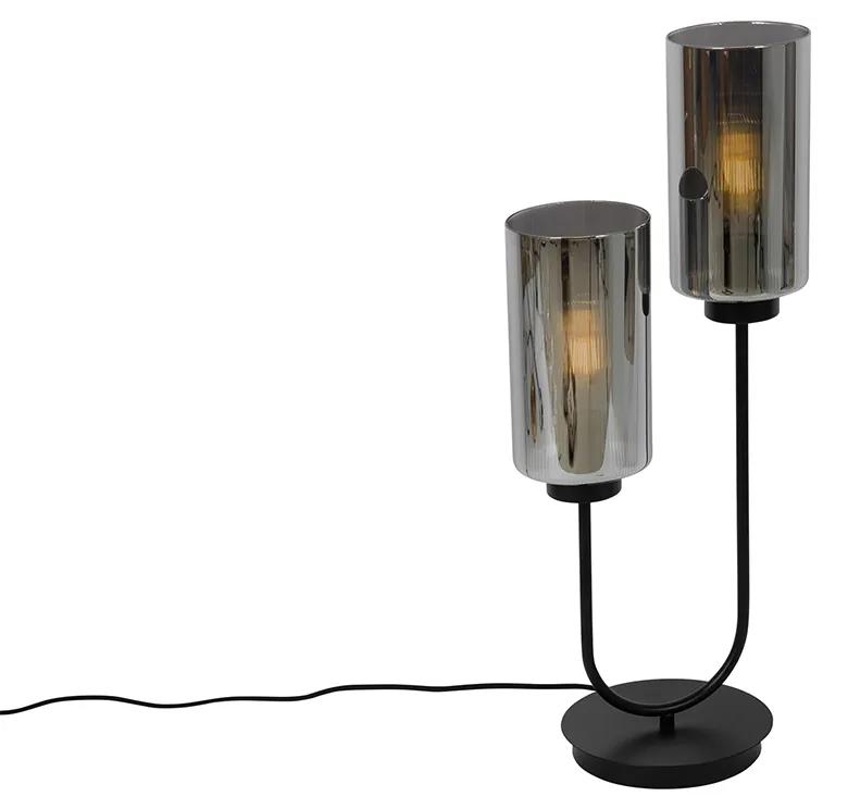 Lampa de masa Art Deco neagra cu sticla fum 2 lumini - Laura