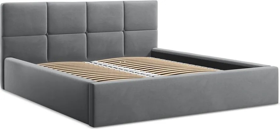 Pat matrimonial gri închis tapițat din catifea cu spațiu de depozitare cu somieră 140x200 cm Hiko – Makamii