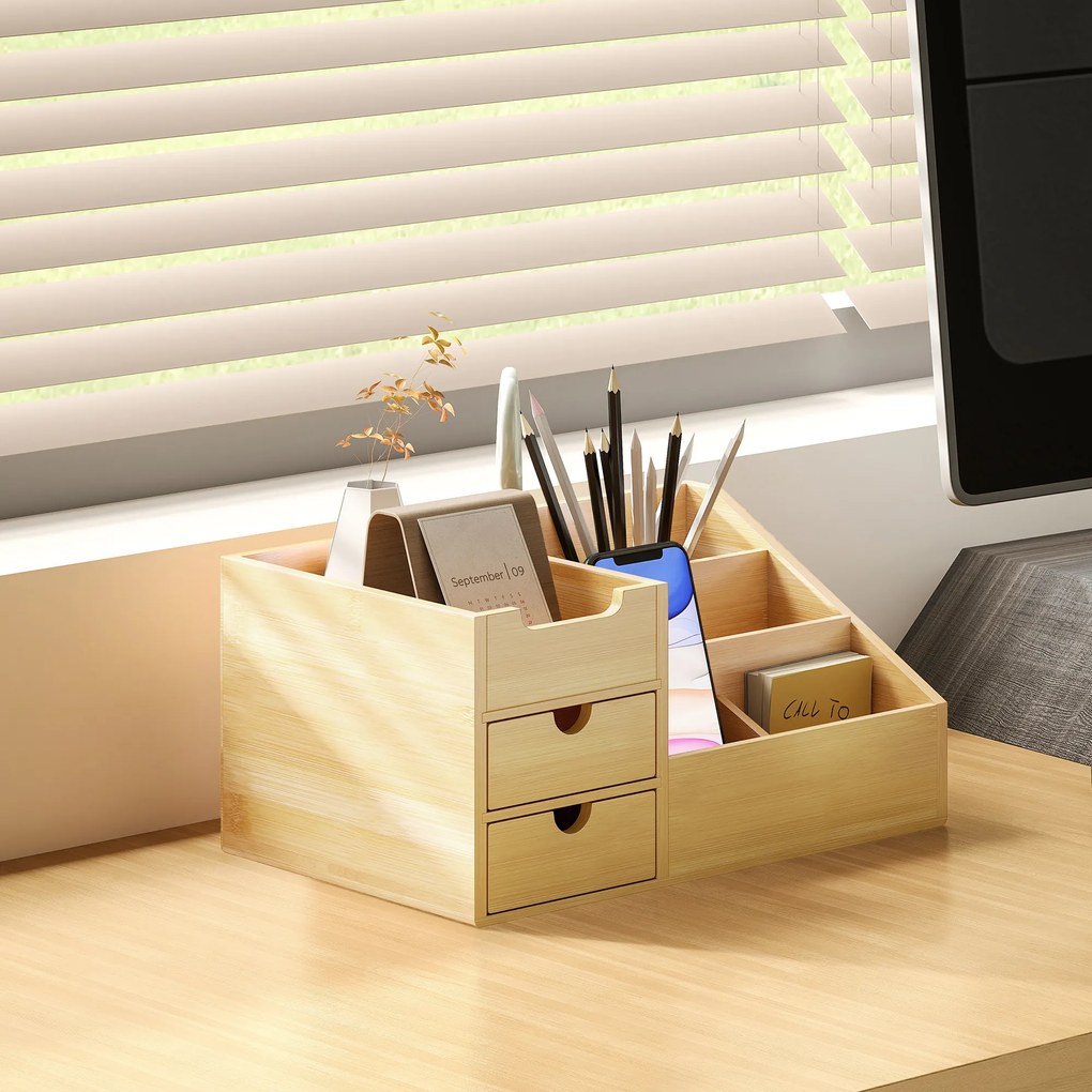 HOMCOM Organizator Birou cu 2 Sertare și 7 Compartimente din Bambus 33x20.5x15.5 cm | Aosom Romania