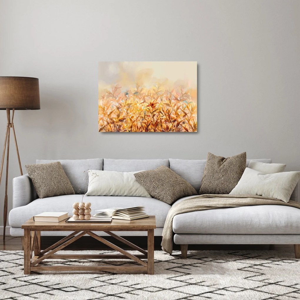 Tablou pe sticlă - Frunze în culori de toamnă, pictură în ulei (70x50 cm)