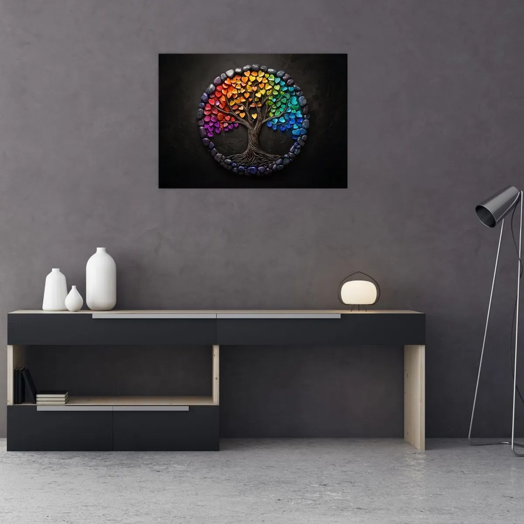 Tablou pe sticlă – Arbore plin de inimi colorate (70x50 cm)