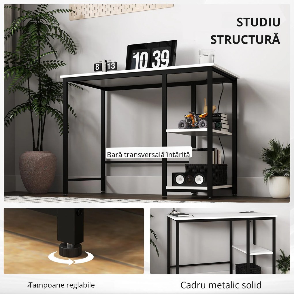 HOMCOM Birou pentru Computer cu 2 Rafturi Reversibile și Prize de Încărcare USB Integrate, 100x50x75 cm, Alb și Negru | Aosom Romania