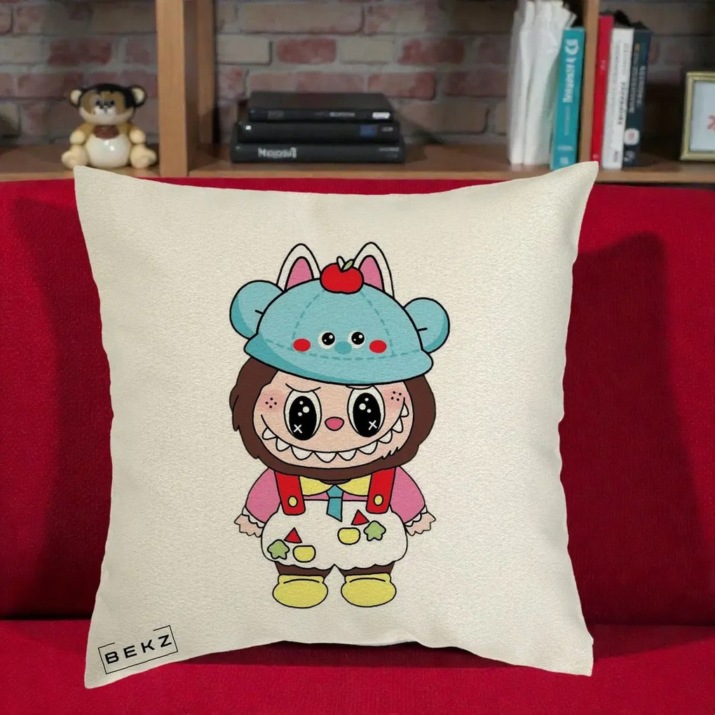 Perna Personalizata Labubu x Urs Albastru Colorat, 40x40 cm, Ecru, Husa Detasabila, Perna Inclusa, BEKZ®